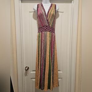 Haute Rogue Metallic striped Knit Midi Sweater Dress Multicolor Deep V Sz Small